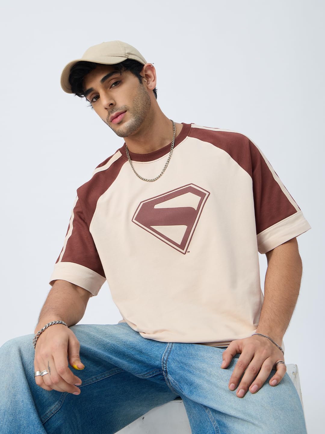 The Souled Store Superman: Look Up Men and Boys Short Sleeves Round Neck Brown Graphic Printed Cotton Breathable Comfortable Cas