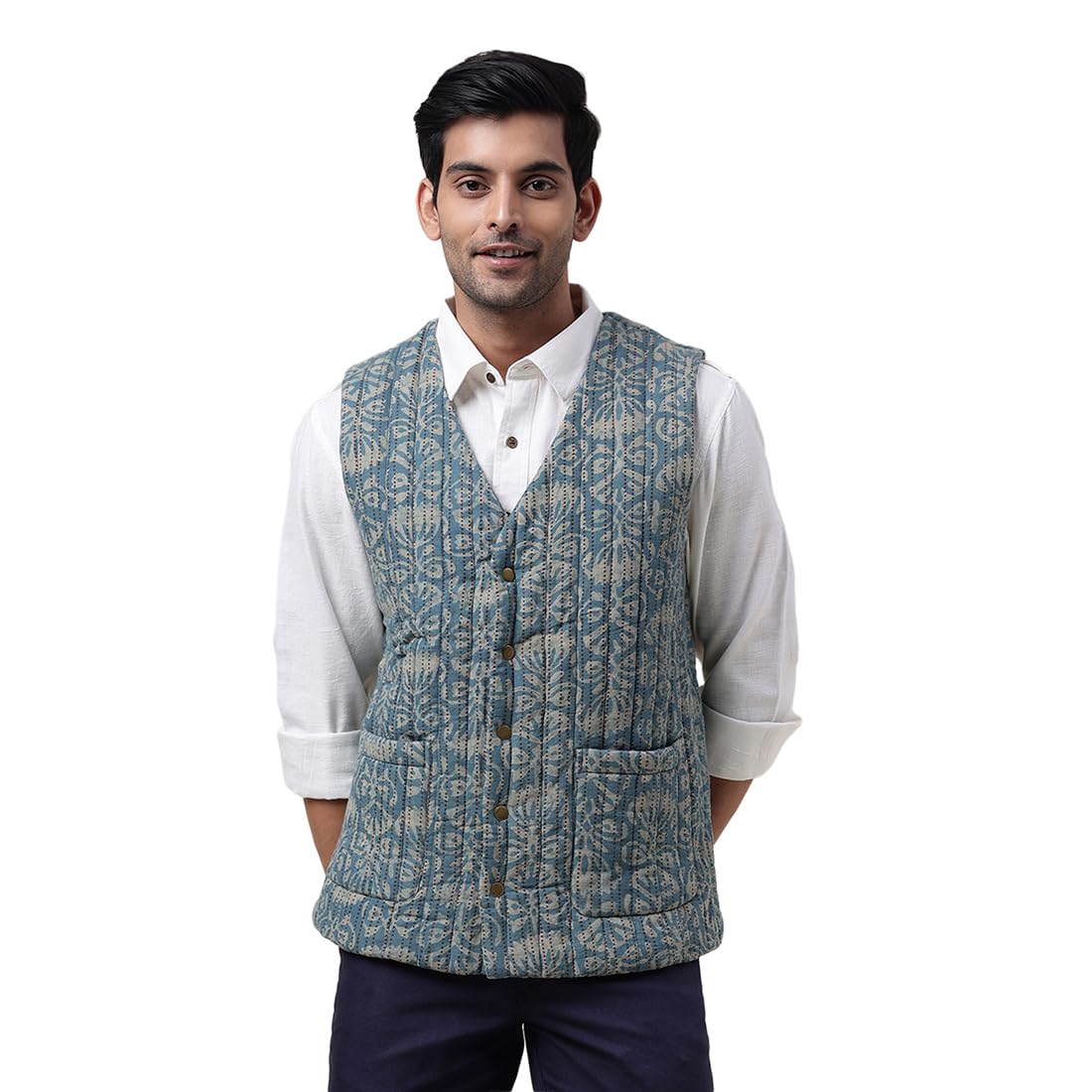 Fabindia MenS Brown Cotton Quilting Slim Fit Vest Jacket (1029707Rust- Rust-Indigo