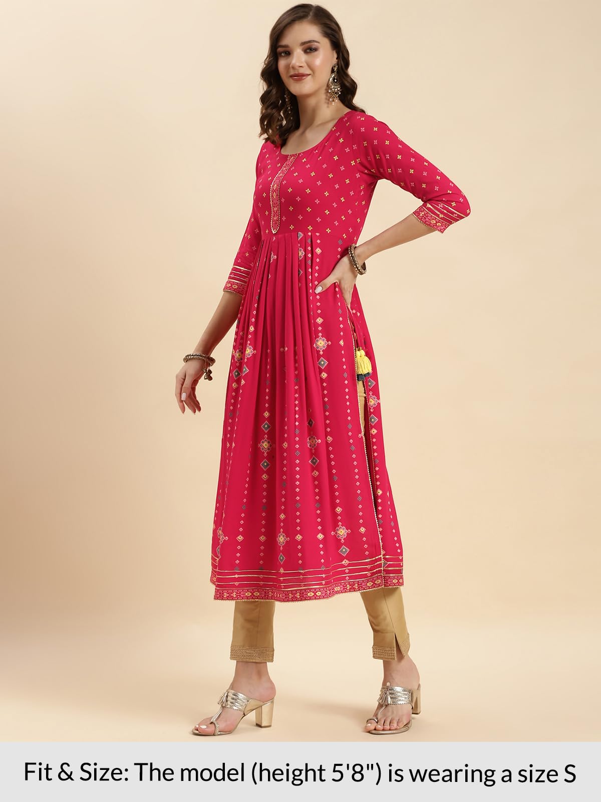 rangita Pink Rayon Calf Length Printed Nayra Kurti for Women | Kurta for Women