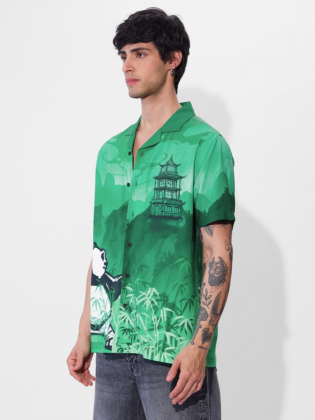 The Souled Store Official Kung Fu Panda: Chi Power Mens and Boys Short Sleeves Collared Neck Button Front Multicolor All Over Pr