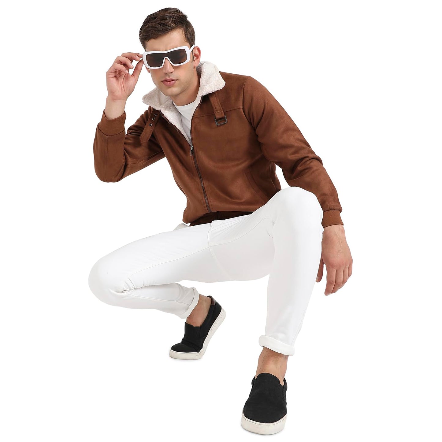 Campus Sutra Mens Brown Zip-Front Jacket With Fleece Detail For Casual Wear | Long Sleeve | High Neck | Zipper Closure | Suede