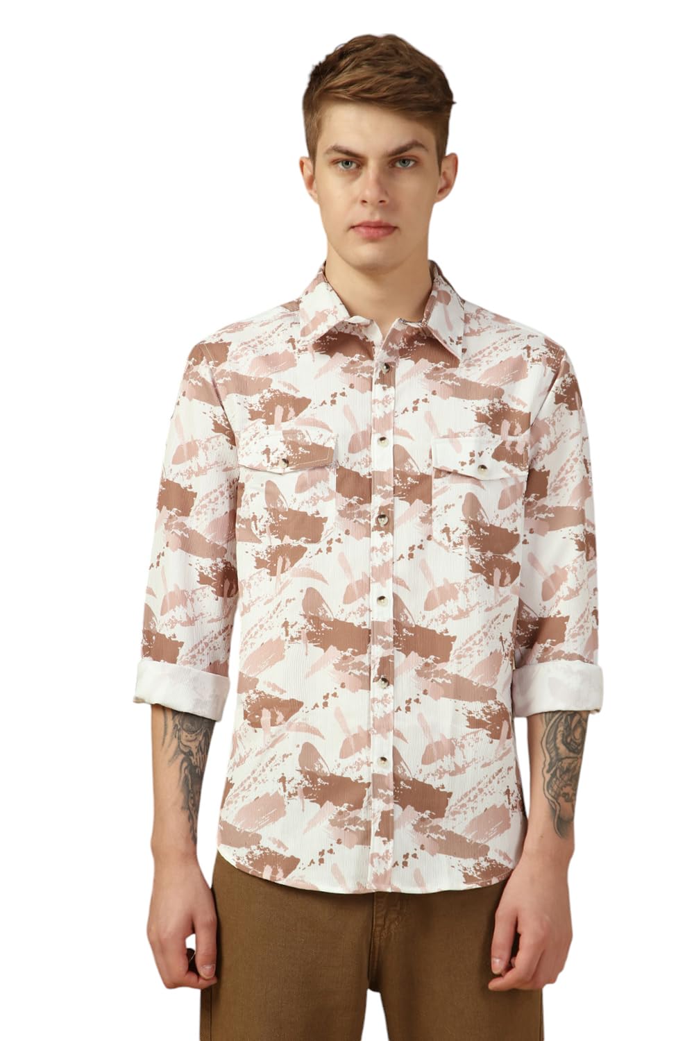 Dennis Lingo Men Brown Aop Relaxed Fit Full Sleeve Spread Collar Shirts