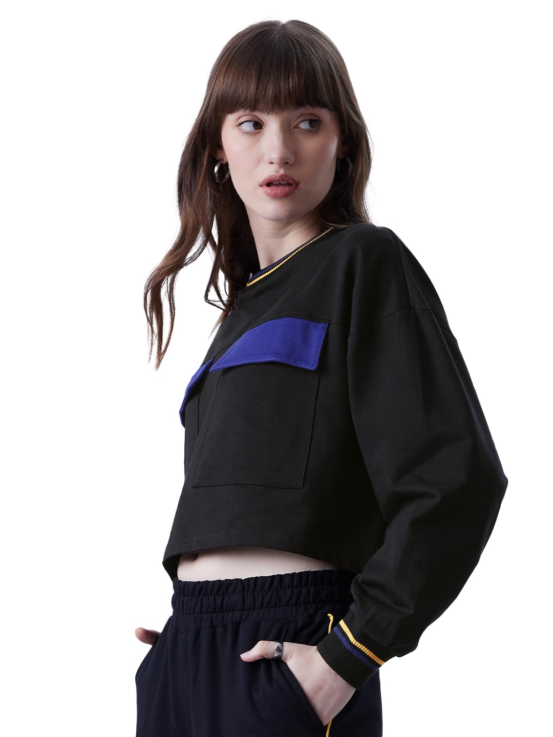The Souled Store TSS: Black & Blue Women and Girls Oversized fit Full Sleeve Solid Cotton Multi Color Women Oversized Cropped T-