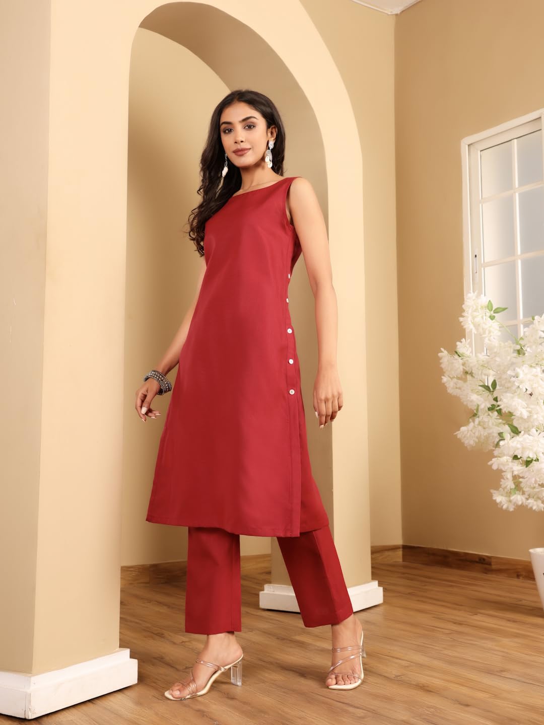 Varanga Women Solid Functional High Slit Kurta with Trouser