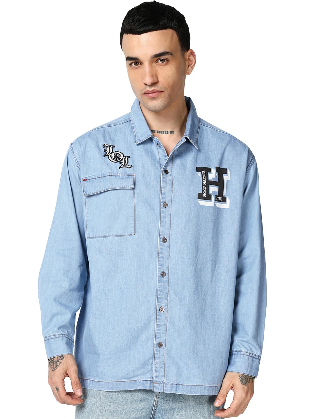 Bewakoof MenS Typography Oversized Fit Full Sleeve Collar Pure Cotton Jacket_685282_Blue_Xl