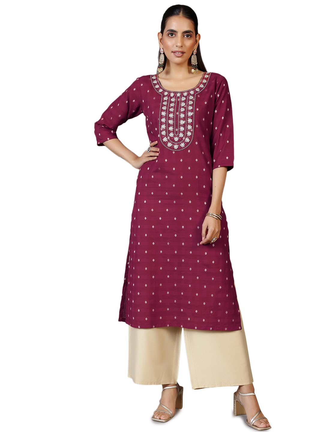 Libas WomenS Cotton Woven Design Straight Kurta (26969_Maroon