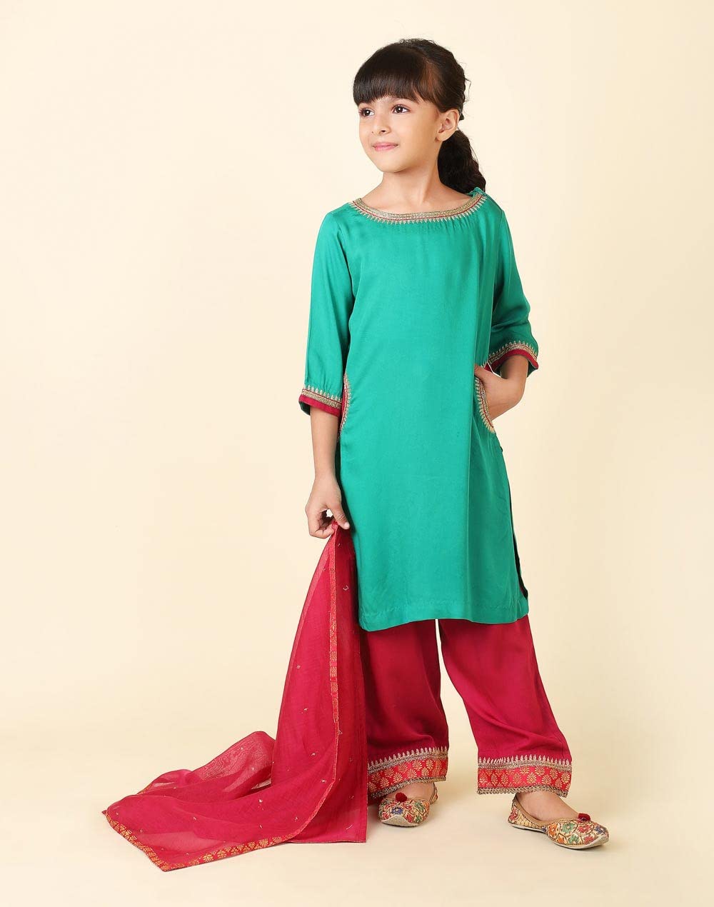 Fabindia Girl's Viscose Embroidered Regular Kurta Set (20019489_Green