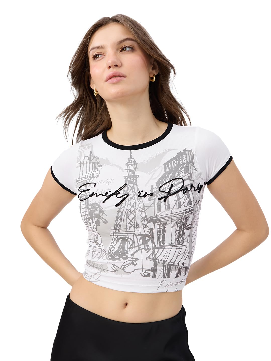 The Souled Store Official Emily in Paris: Parisian Chic Short Sleeve Round Neck Slim Fit Cropped Tops for Women and Girls - Tren