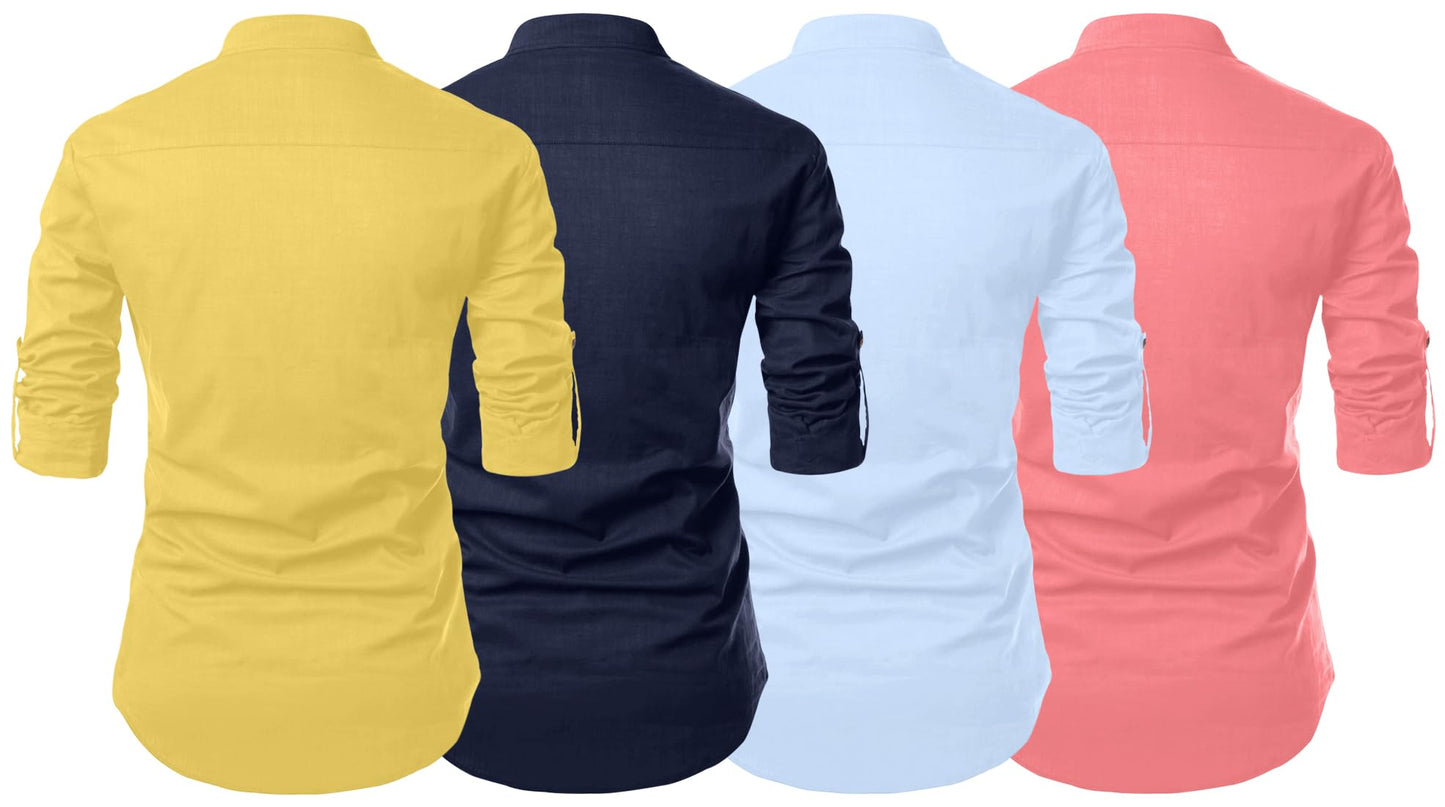 Zombom MenS Cotton Polyester Blend Solid Full Sleeve Regular Fit Kurta Shirt, Multicolor, M, Combo Set Of 4