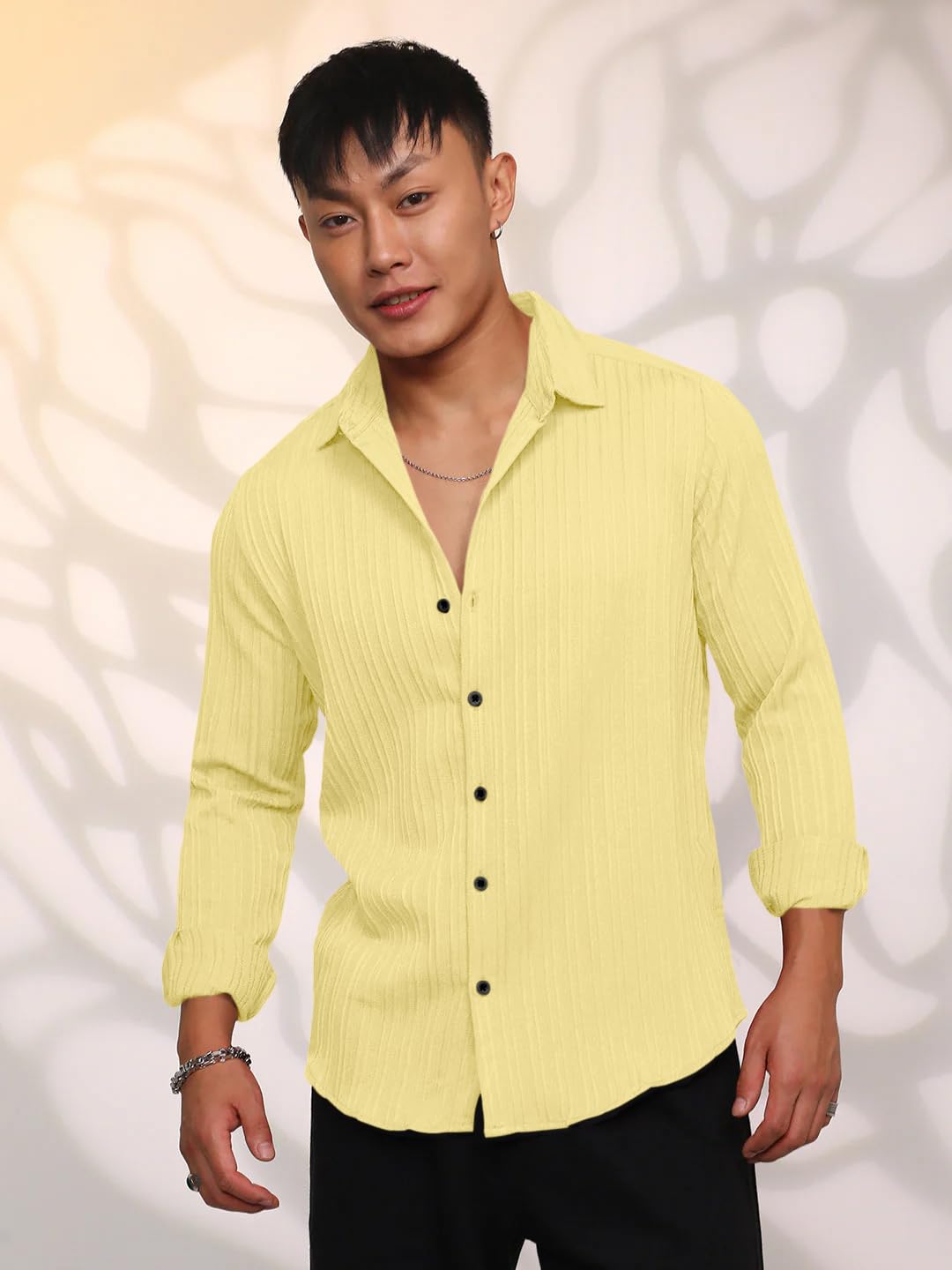 Finivo Fashion MenS Casual Cotton Striped Button Down Shirts Long Sleeve Textured Summer Beach Shirt For Men Yellow