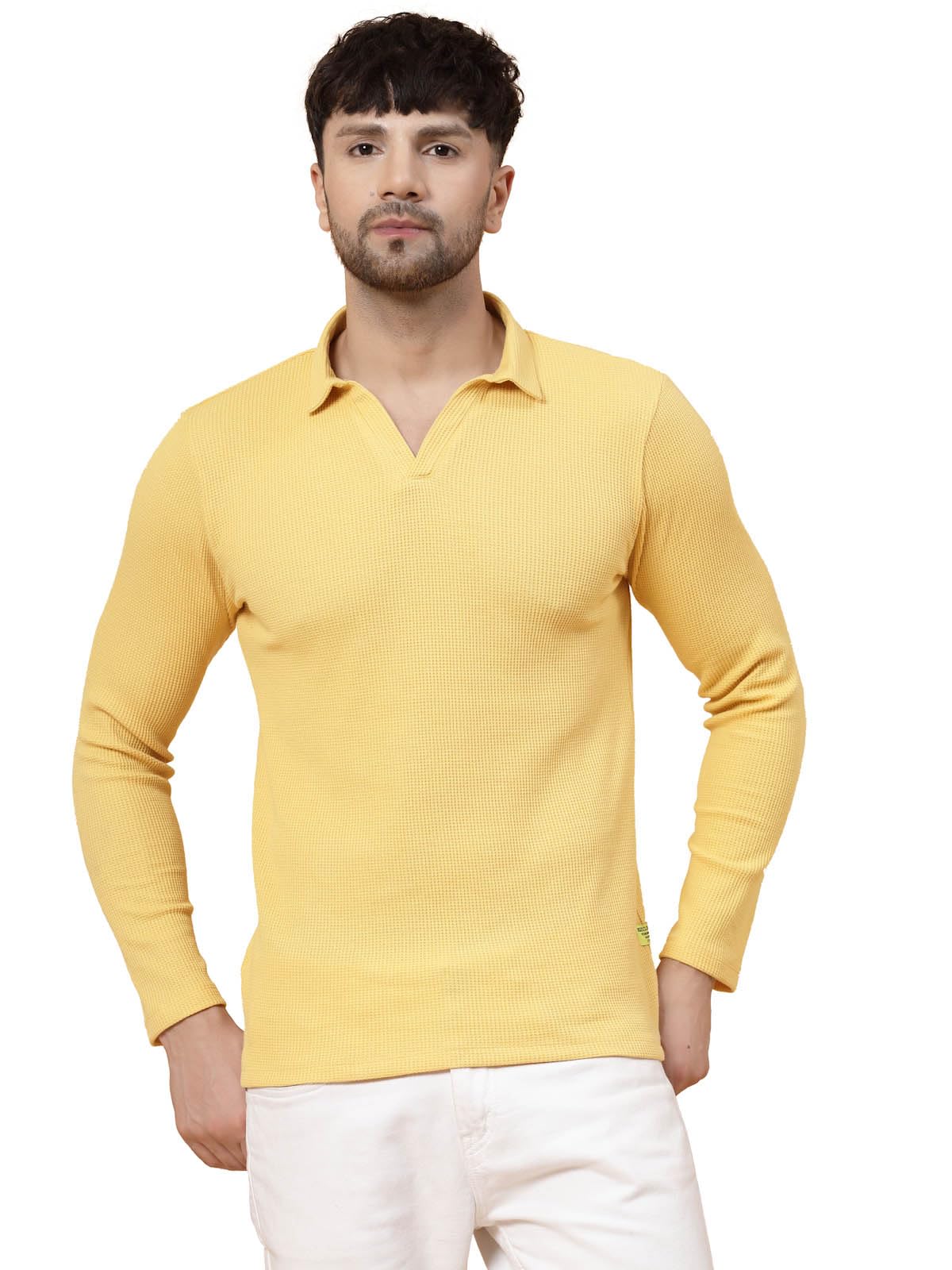 Rigo Printed Casual T-Shirts for Men | Waffle Knit Solid T-Shirt for Men | Full Sleeves T-Shirts for Man Yellow