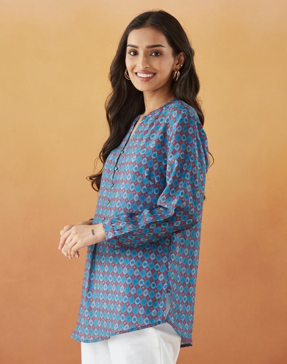 Fabindia WomenS Printed Regular Fit Tunic Top (1038747Blue_Blue
