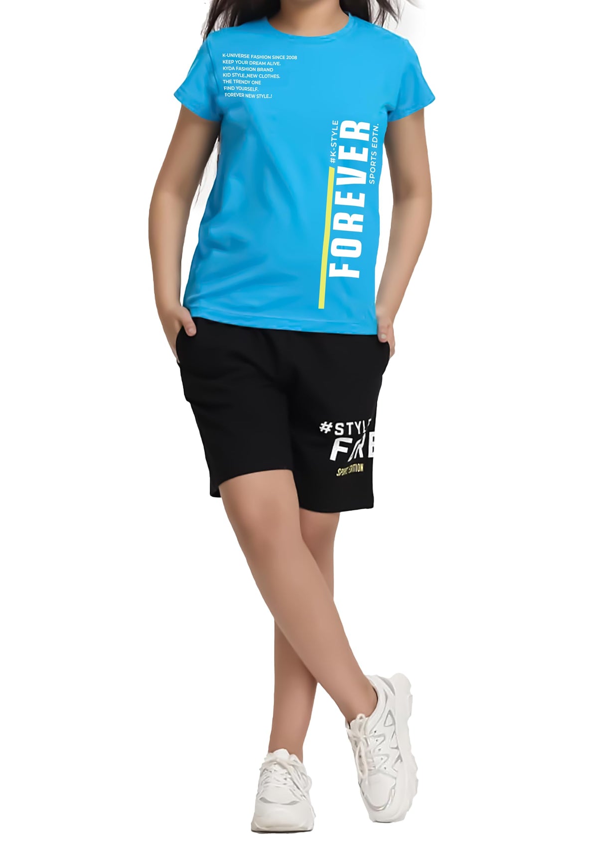 Kyda Kids Girls 100% Pure Cotton Premium Blue Printed Tshirt And Short Set For Summer (Pack Of 1)