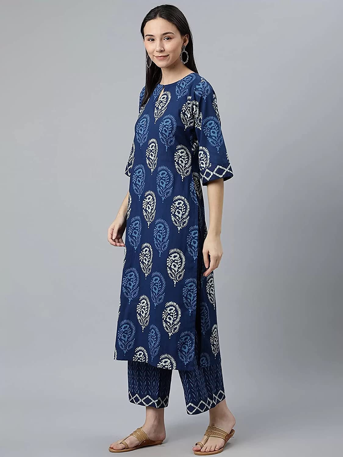KLOSIA Women Indigo Block Printed Kurta Set with Dupatta