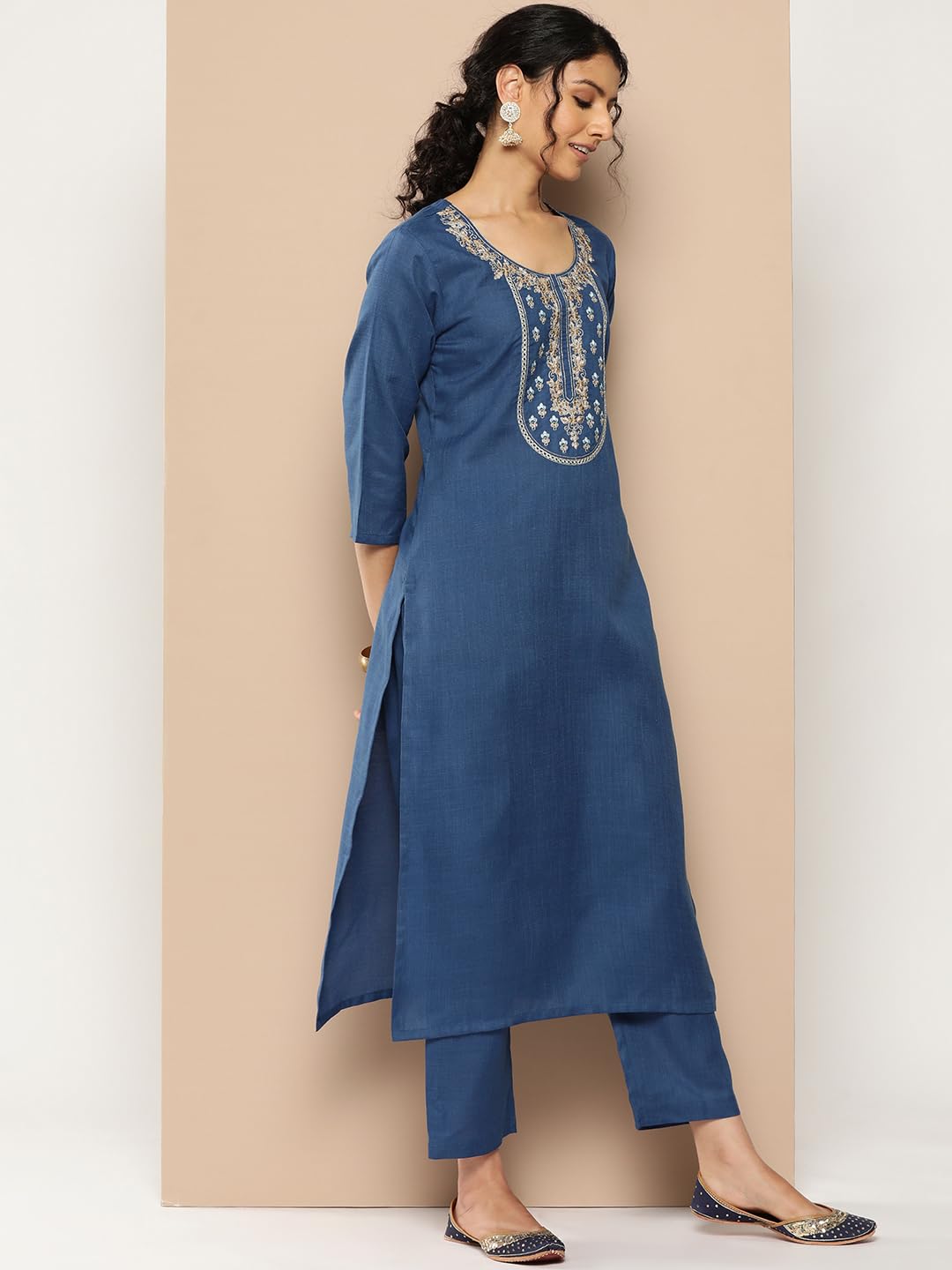 Varanga WomenS Blue Embroidered Yoke Straight Kurta With Tonal Bottom And Printed Bhagalpuri Dupatta, Round Neck, Three-Quarter