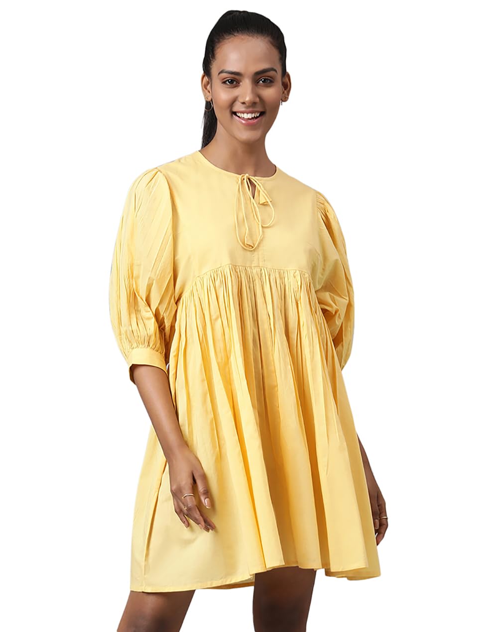 Fabindia Women Gathered Dress Cotton_S Yellow