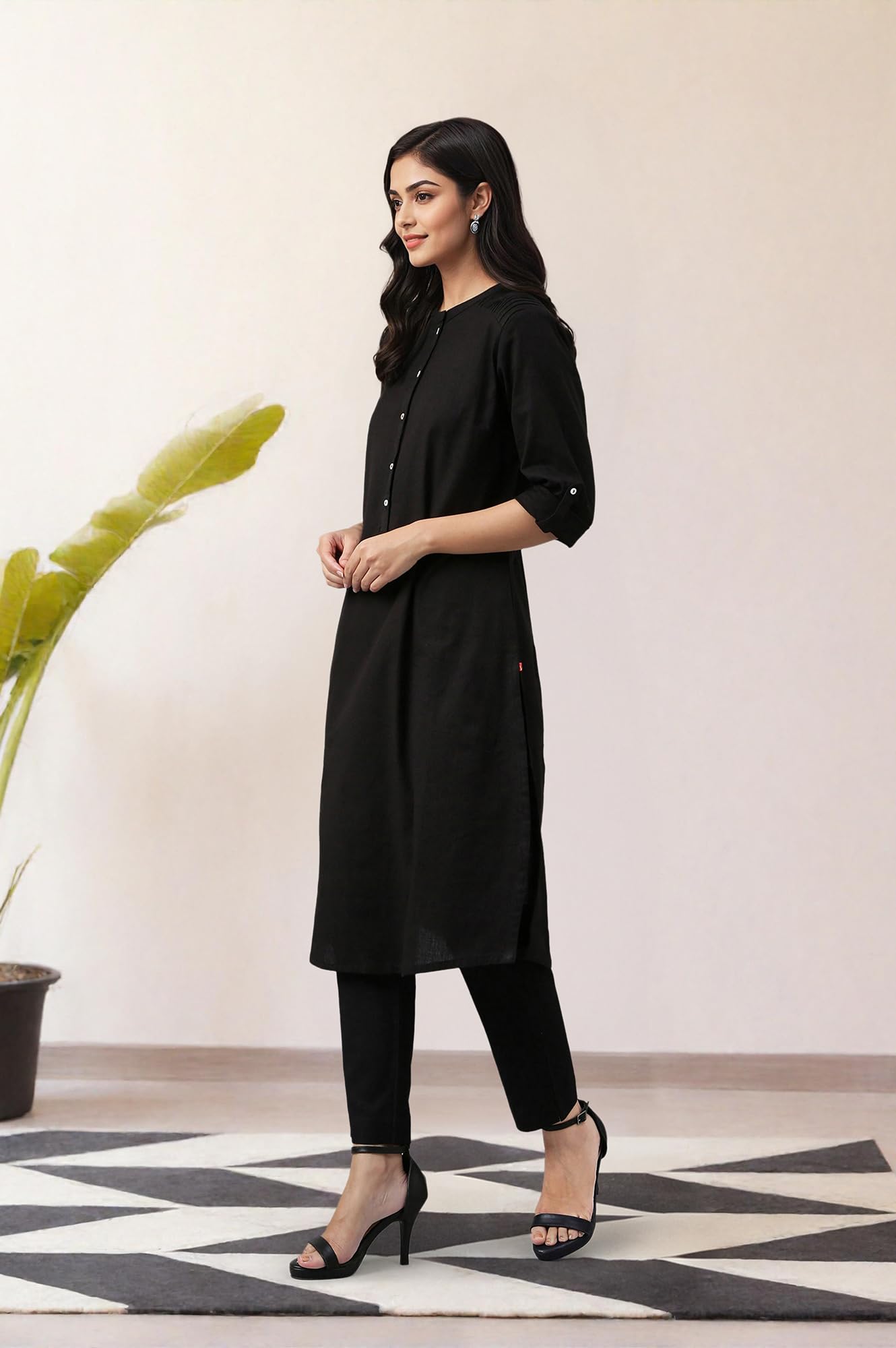 W Black Cotton Blend Solid Straight Long Kurta For Women