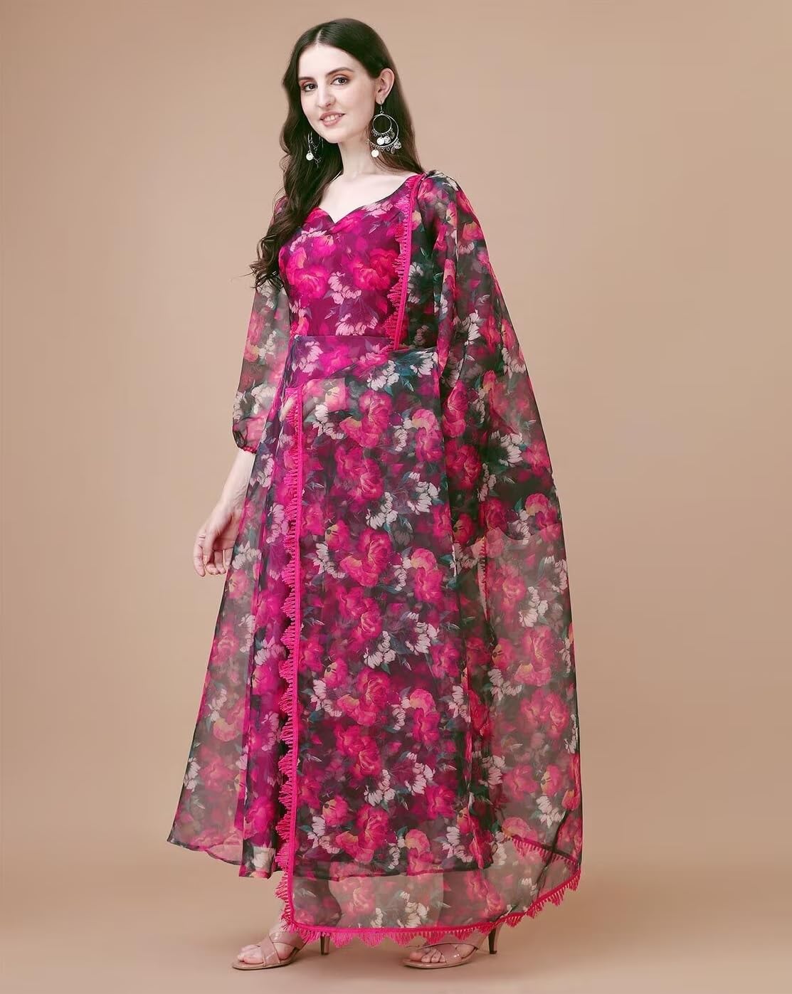 Fashion Basket Women Floral Print V Neck Anarkali Kurta with Pant and Dupatta