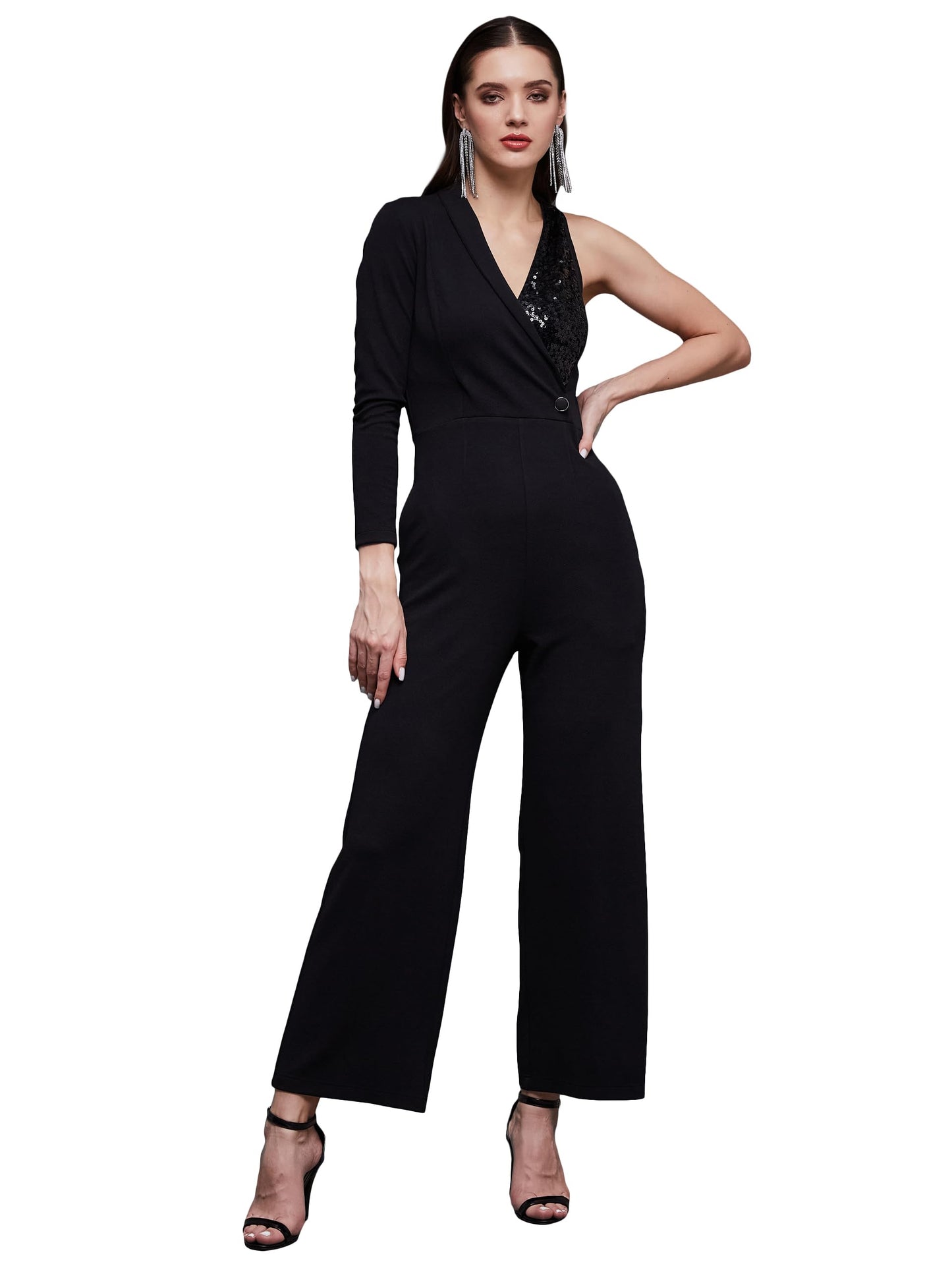 Miss Chase Womens Embellished Shawl Collar Asymmetric Blazer-Styled Jumpsuit (MCAW23D19-08-62-03, Black, S)