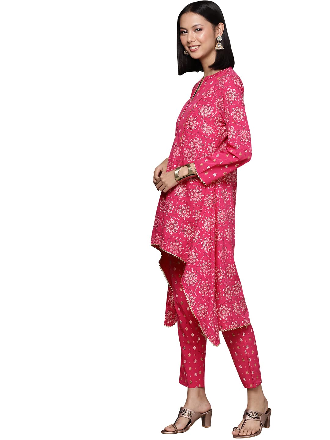 ZIYAA Women's Pink Chinon Flared Kurta And Pant Set(ZIKUCH3915ANDPA)