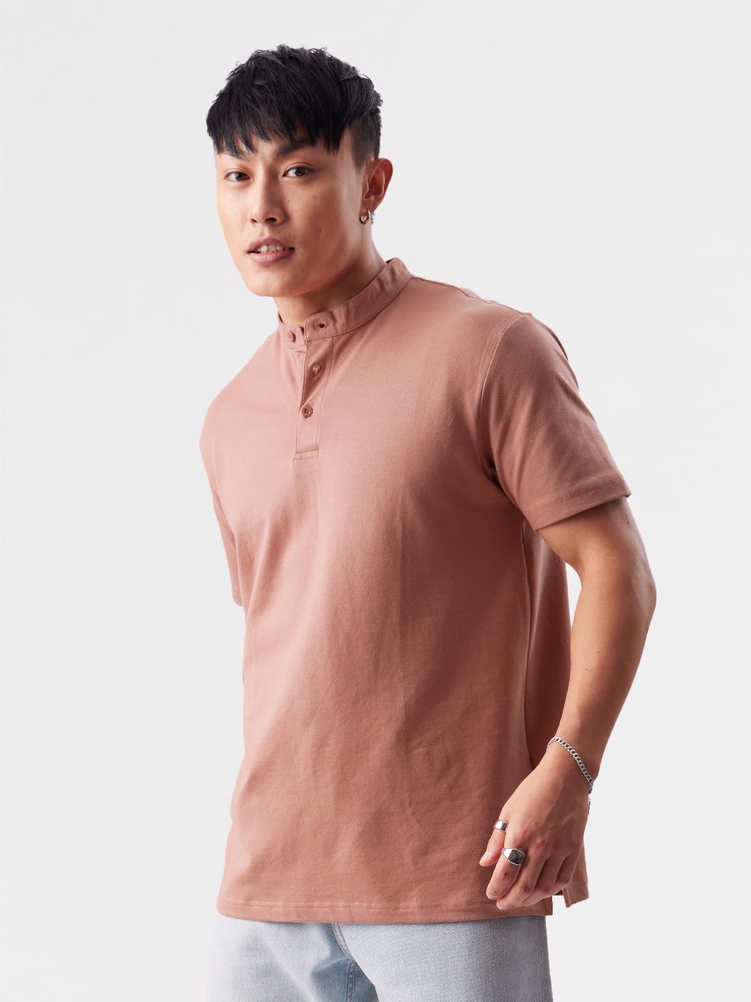 The Souled Store Solids: Desert Rose Mens & Boys Regular Fit Solid Half Sleeve Cotton Pink Mandarin Polos Mens Polos Graphic te