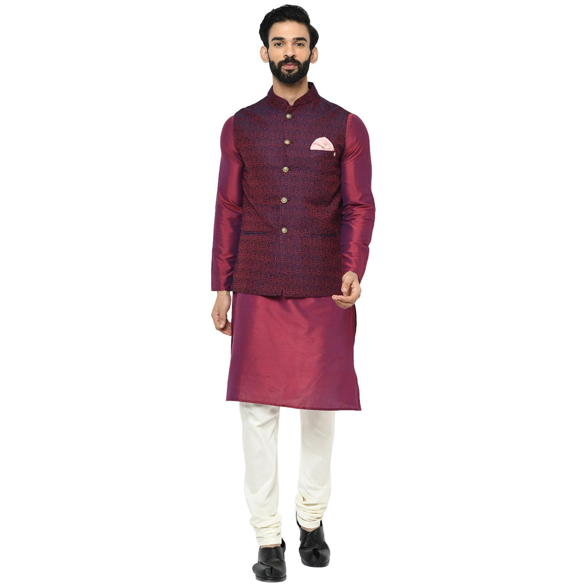 Kisah Men Maroon Off-White Solid Kurta Churidar With Nehru Jacket, Full Sleaves, Knee Length, Straight, Regular Fit, Mandarin Co