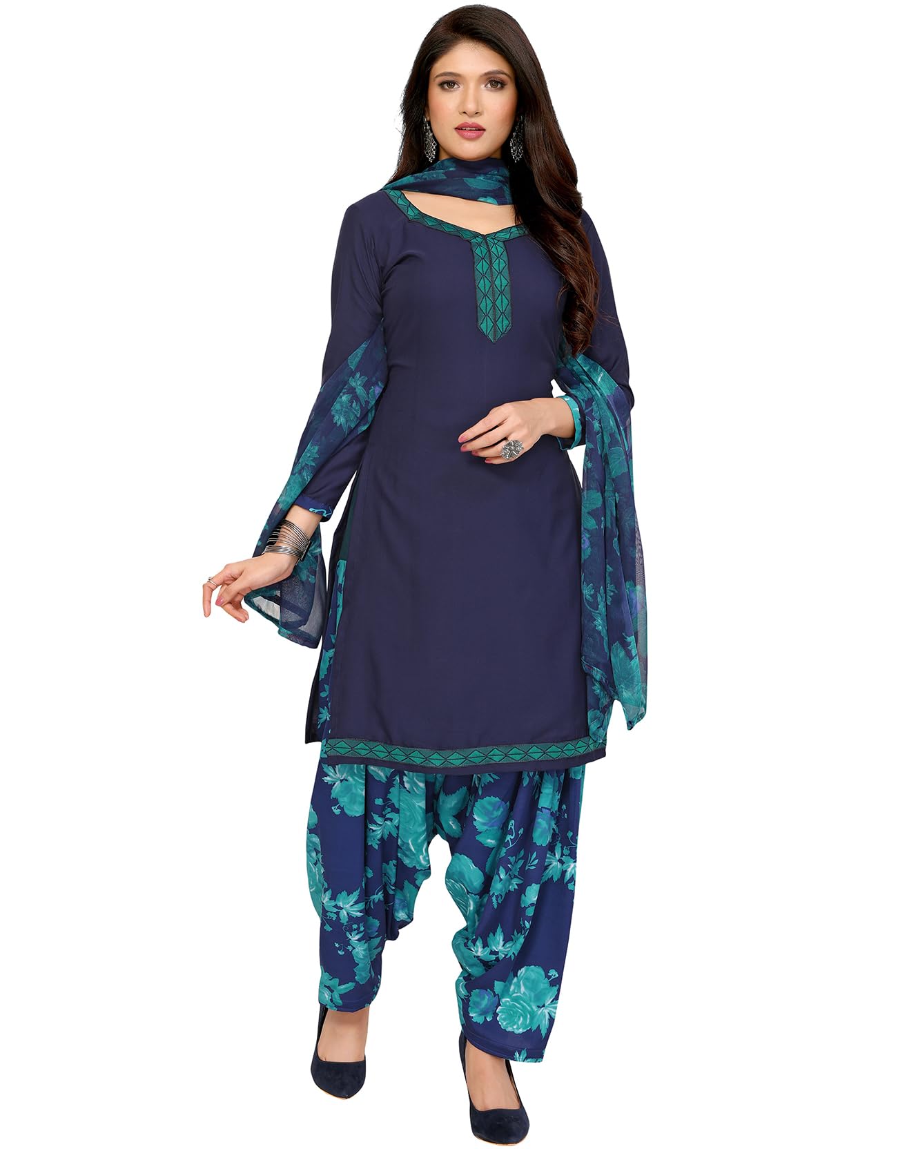 Yashika Womens Printed Dress Material - Unstitched Crepe Fabric Kurti, Pants & Dupatta Set (AZ-YS-P1-RIDDHI NAVY)