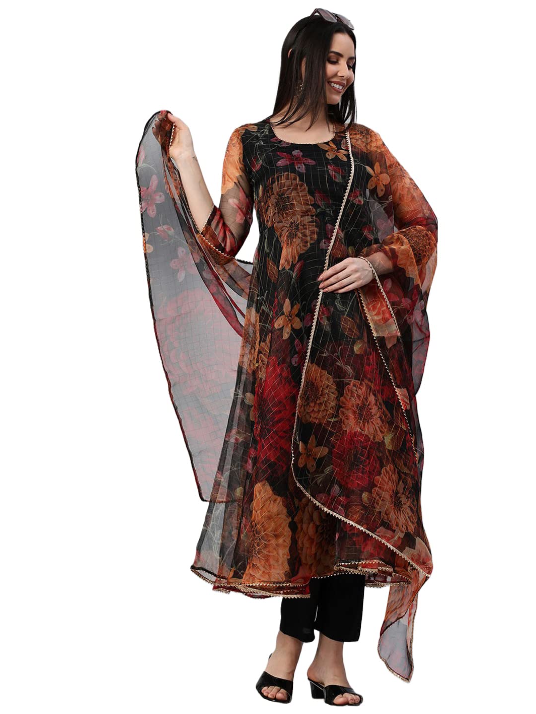 ANNI DESIGNER Womens Georgette Anarkali Floral Printed Kurta with Pant & Dupatta (MRP-Black_XXL_Black_XX-Large)