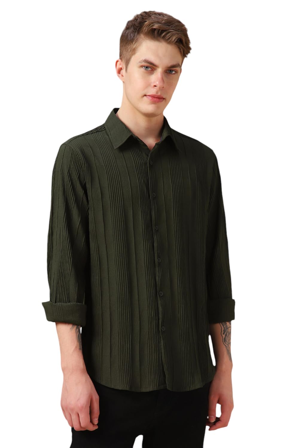 Dennis Lingo Men Green Textured Polyester Regular Fit Full Sleeve Shirts
