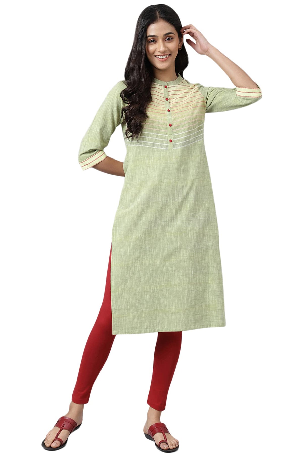 Aurelia Women Cotton Pear Sorbet Dobby Geometric Yarn Dyed Straight Kurta_22Aua13548-702880_L