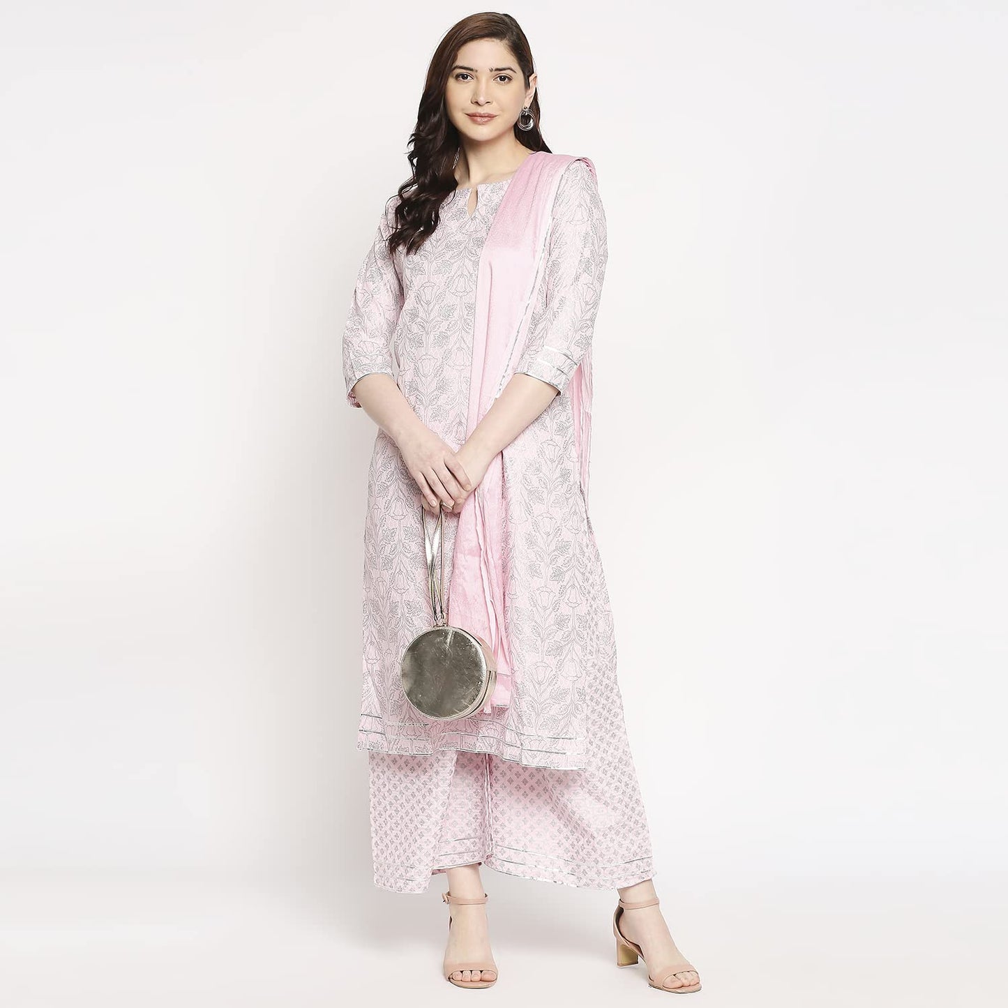 ANNI DESIGNER Women's Cotton Straight Kurta with Palazzo & Dupatta (DOLI Pink_GSK)