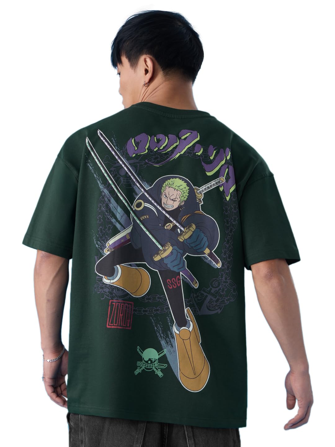 The Souled Store One Piece: Roronoa Zoro Men and Boys Short Sleeves Round Neck Green Graphic Printed Heavy Gauge Fabric Oversize