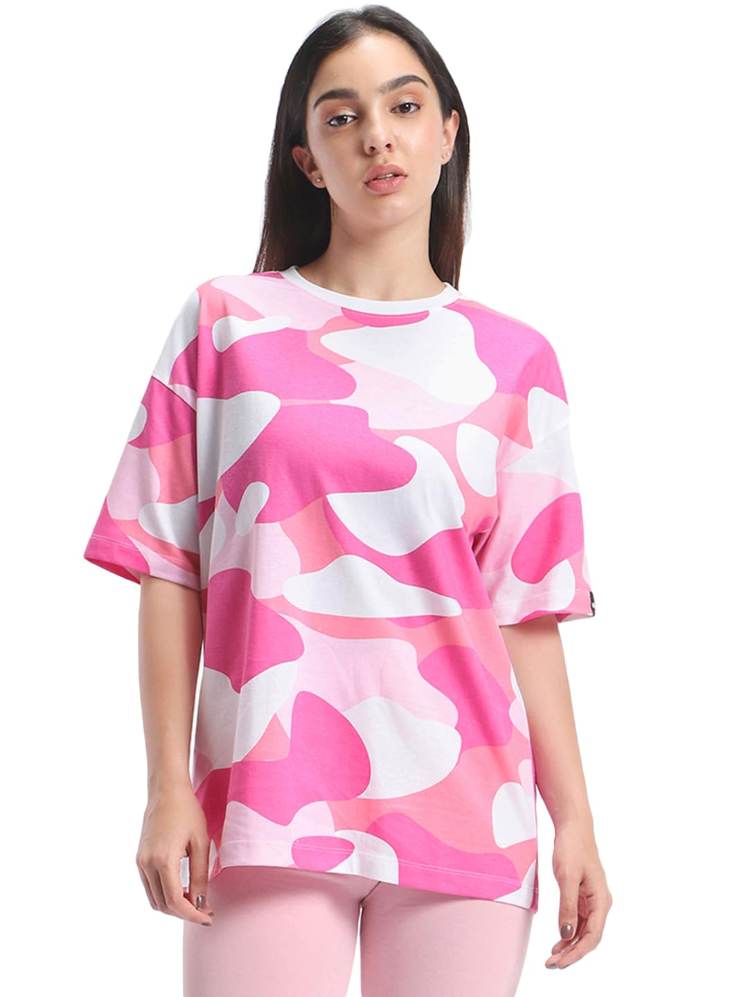 Bewakoof Womens All Over Printed 100% Cotton T-Shirt - Oversized Fit, Round Neck, Half Sleeves_580371_White_XS