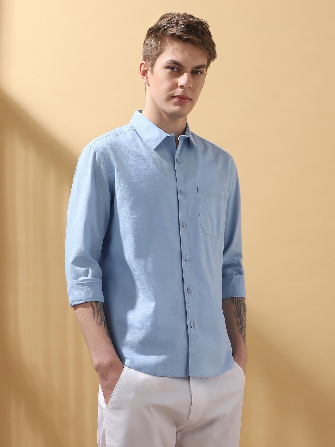 Dennis Lingo Men Regular Fit Blue Full Sleeves Cotton Casual Shirt