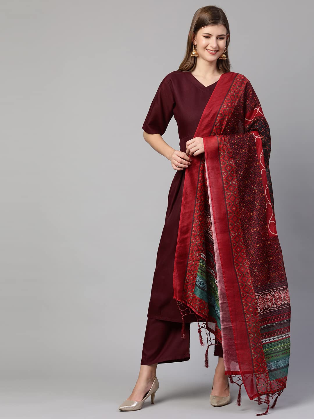 GoSriKi Women's Cotton Anarkali Kurta with Palazzo & Dupatta(KPZD-COT-10051-WINE-GO)
