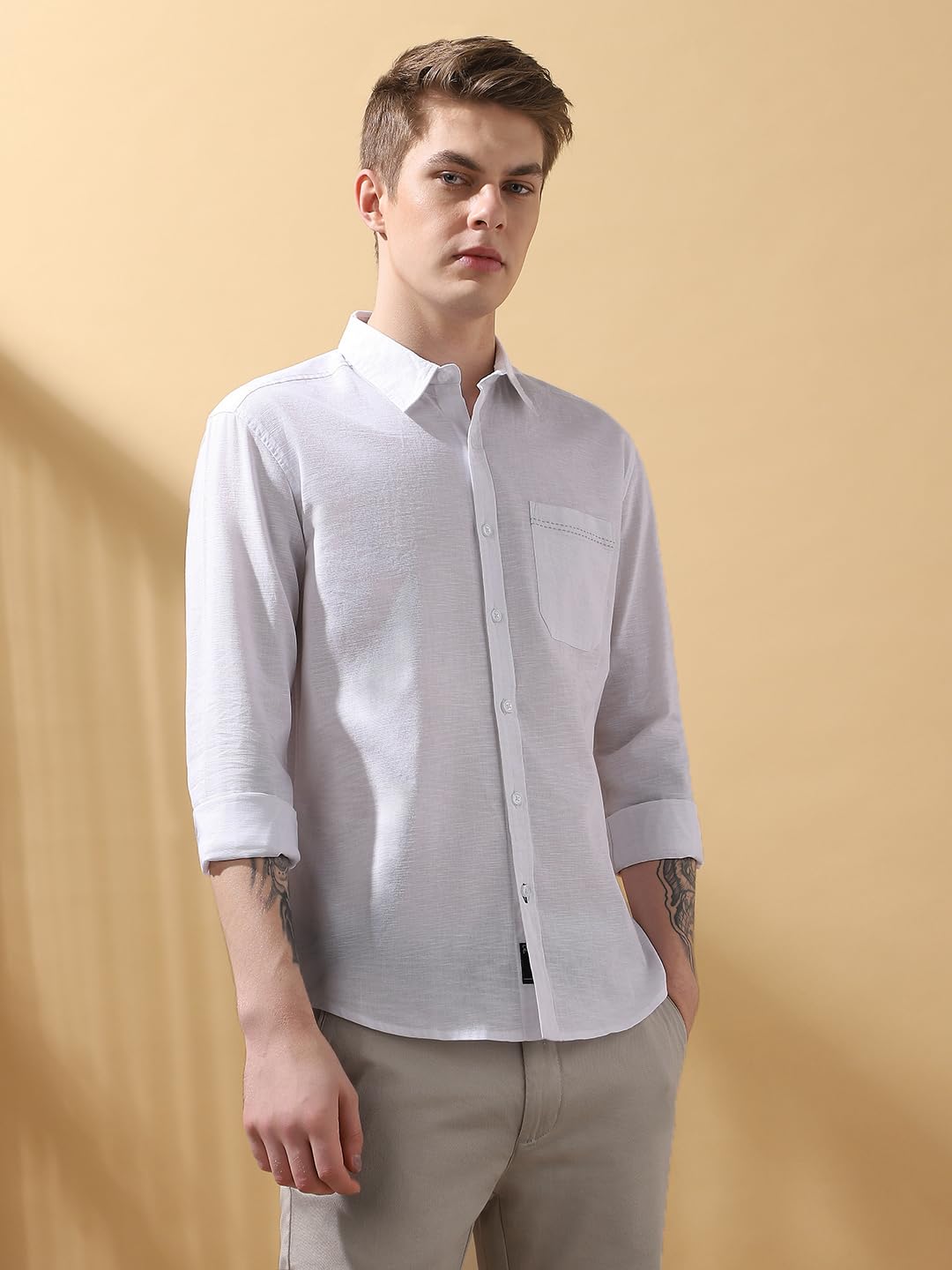 Dennis Lingo Men Regular Fit White Full Sleeves Cotton Casual Shirt