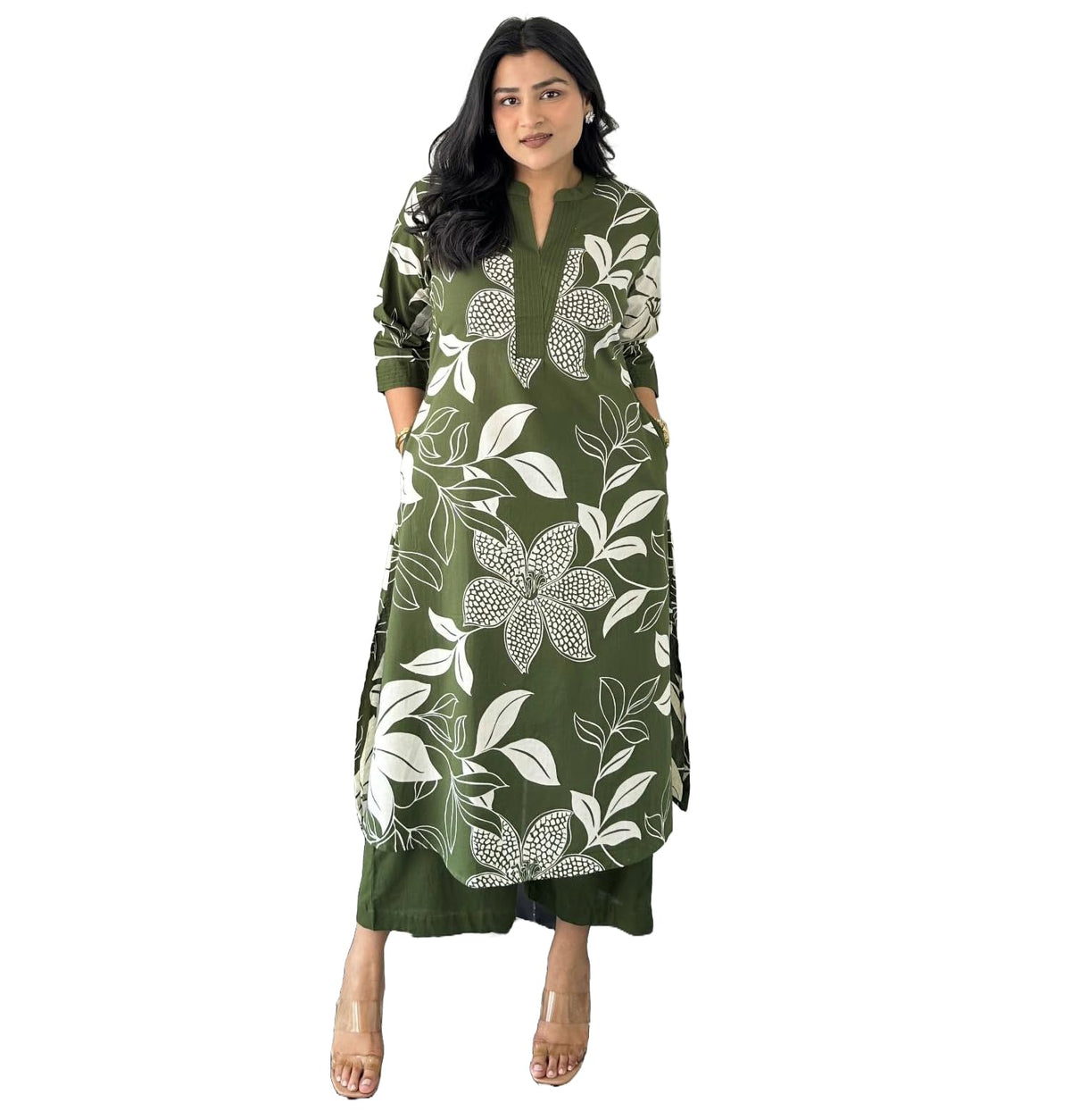 Lookmark WomenS Floral Printed Cotton Blend 3/4Th Sleeve Knee Length V-Neck Kurta And Palazzo Set For Women (Az-Lm-Og-Ks2204 Ma