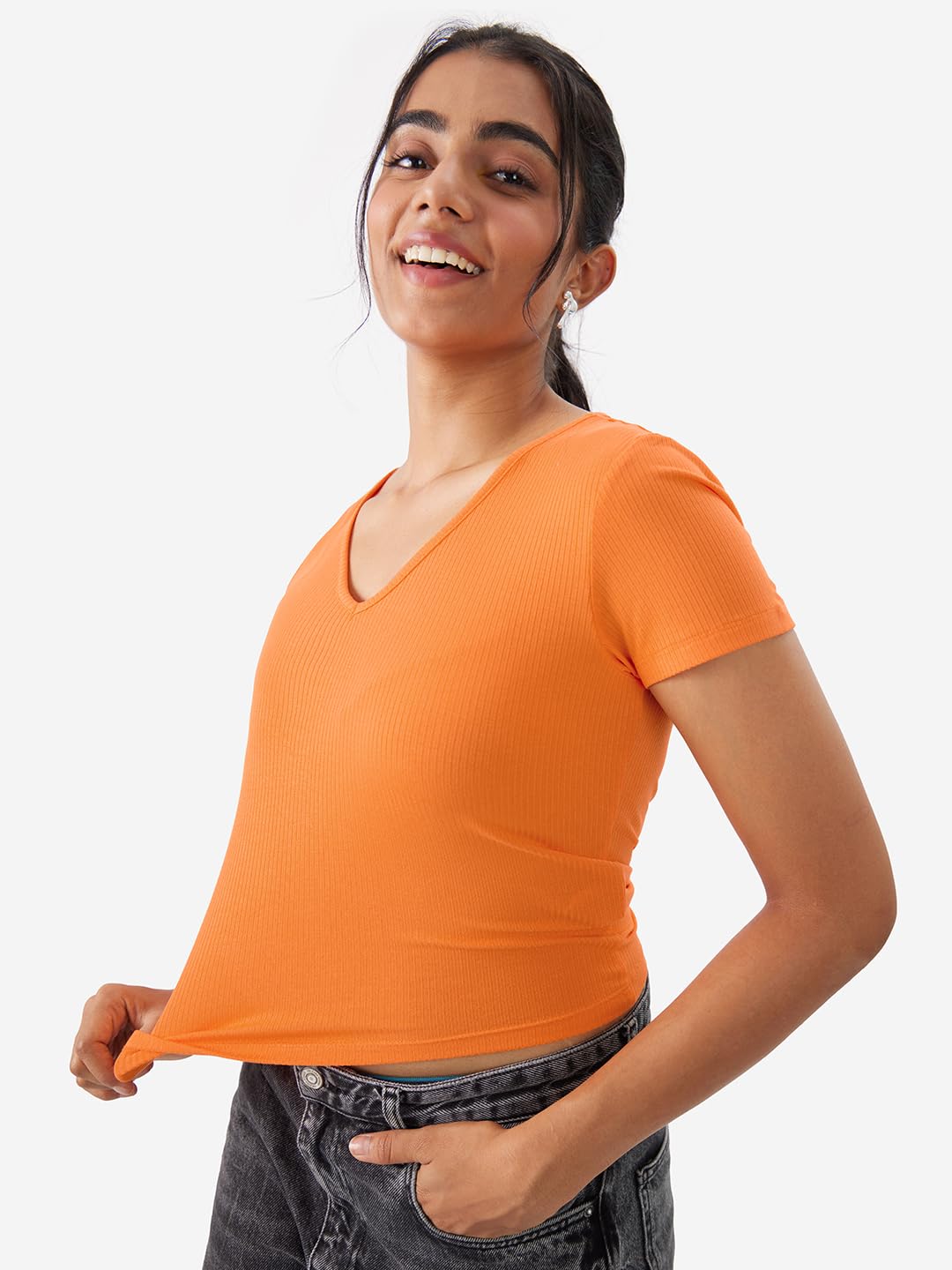 The Souled Store Solids: Blazing Orange Poly Viscose Women & Girls Slim Fit Short Sleeve V-Neck Ribbed Cropped Tops