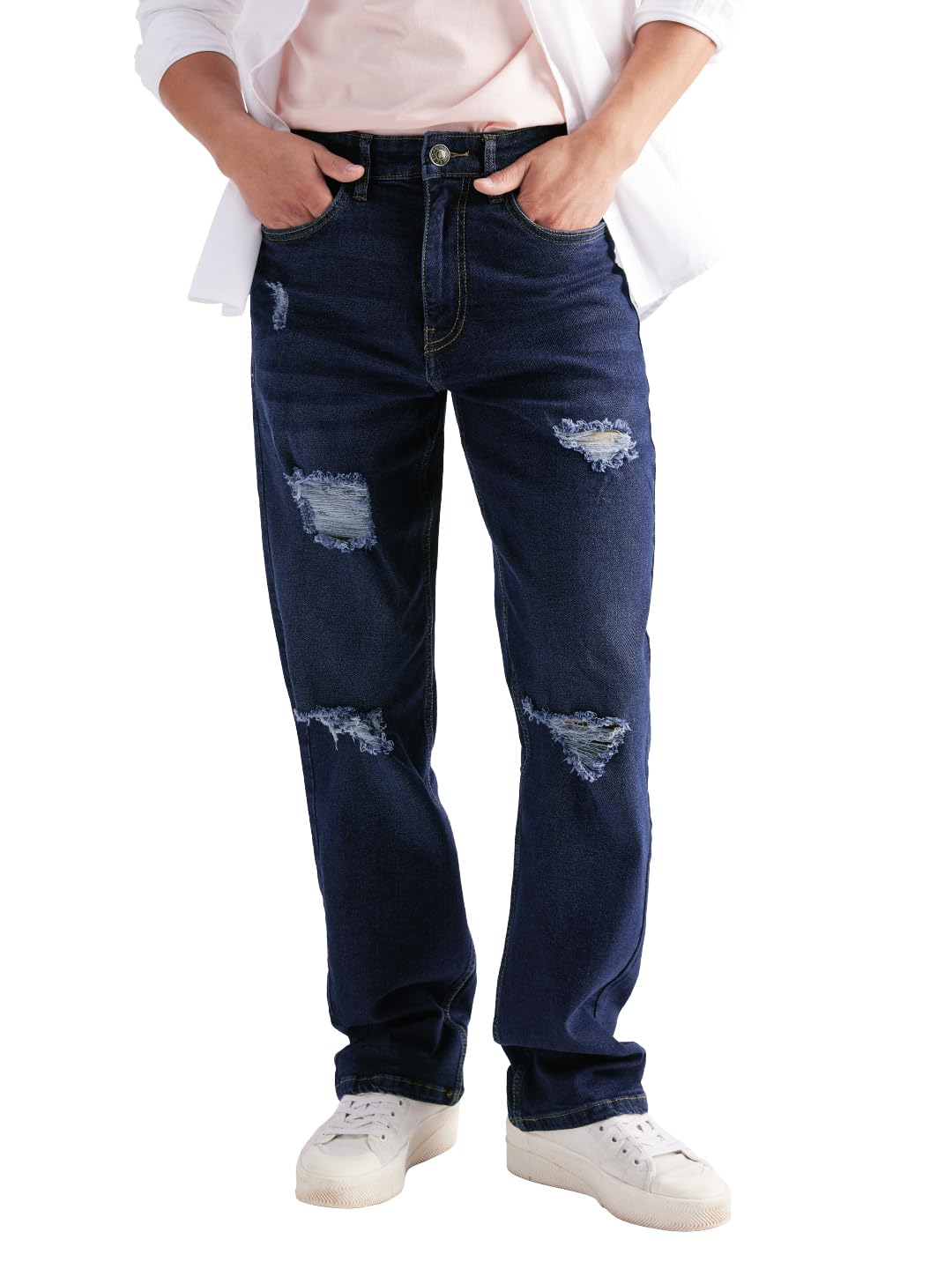 The Souled Store Men Solids: Distressed Blue Baggy Fit Jeans