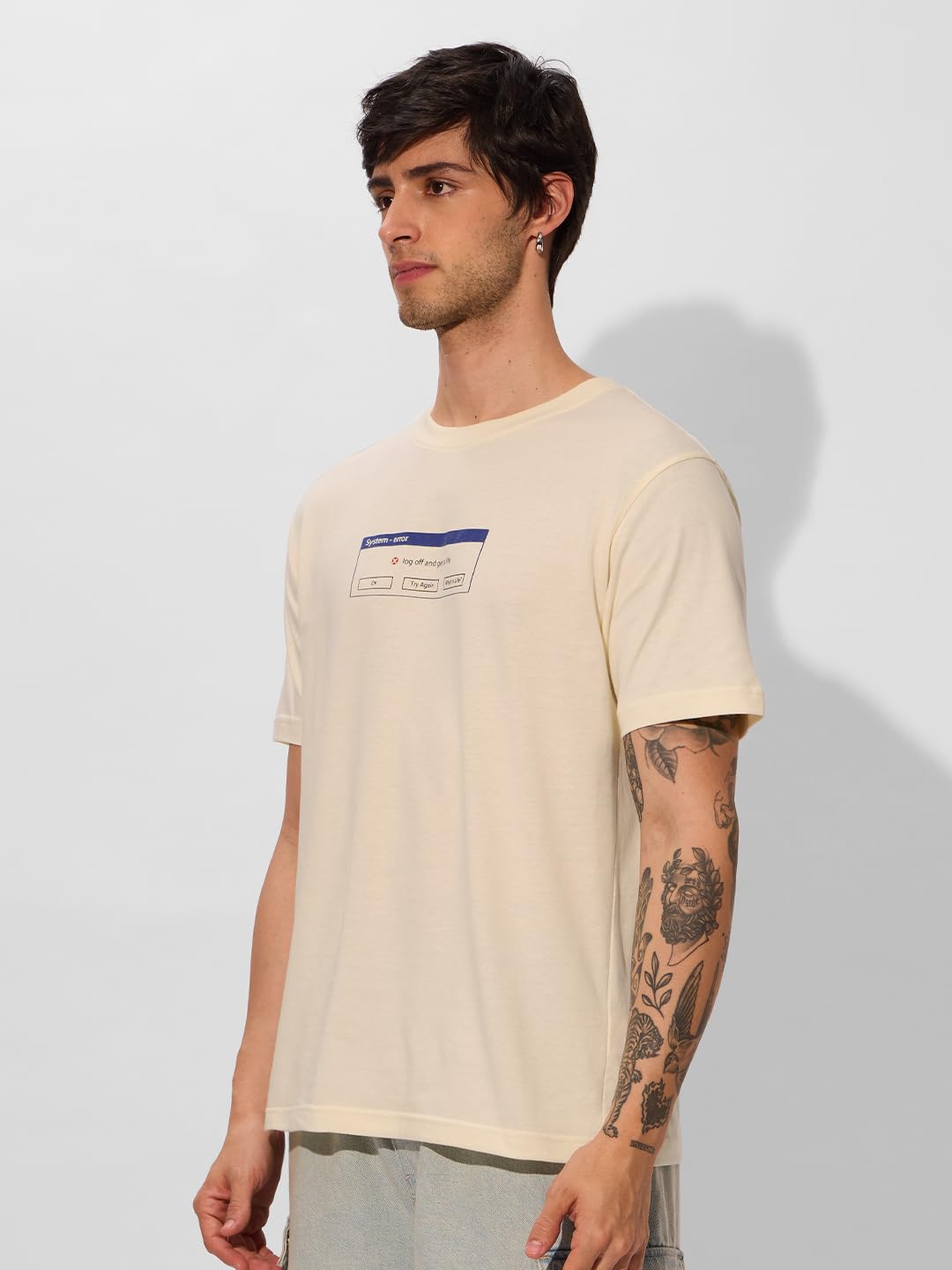 The Souled Store Official Solids: Log Off Men and Boys Short Sleeve Round Neck Graphic Printed Regular Fit Cotton T-Shirts