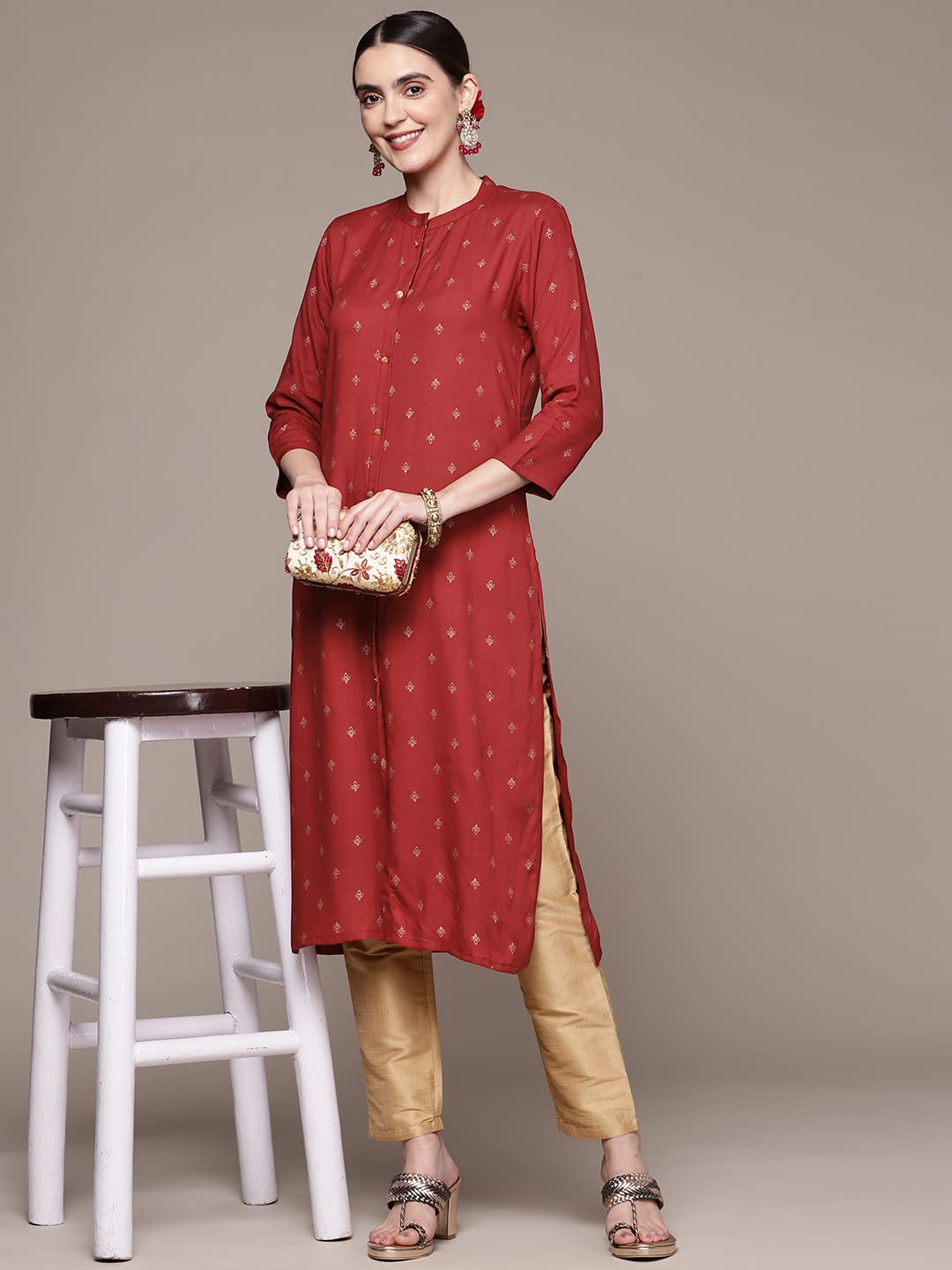 anubhutee Women's Red Ethnic Printed A-Line Kurta