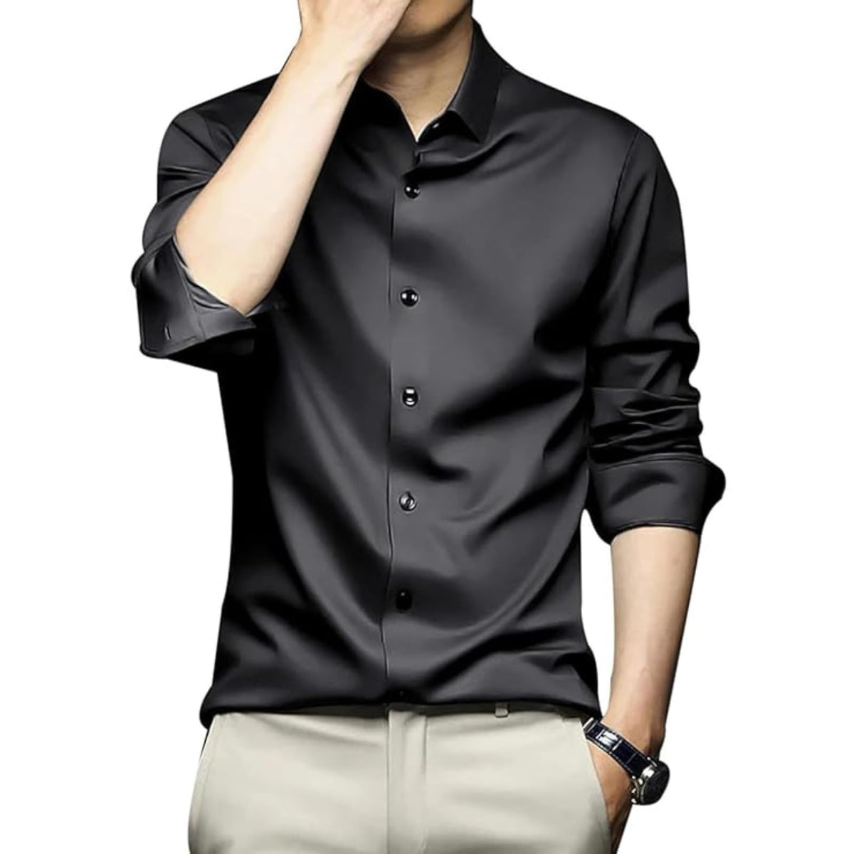 Deelmo MenS Stylish Solid Satin Casual Shirt For Men Full Sleeves| Poly Satin Silk Shirt Black
