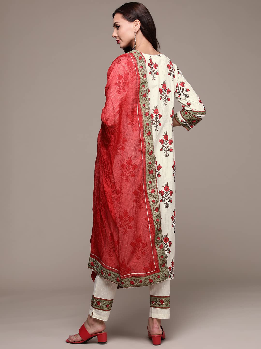 anubhutee Women's Cotton Off White Floral Printed Straight Kurta Suit Set With Pants And Dupatta