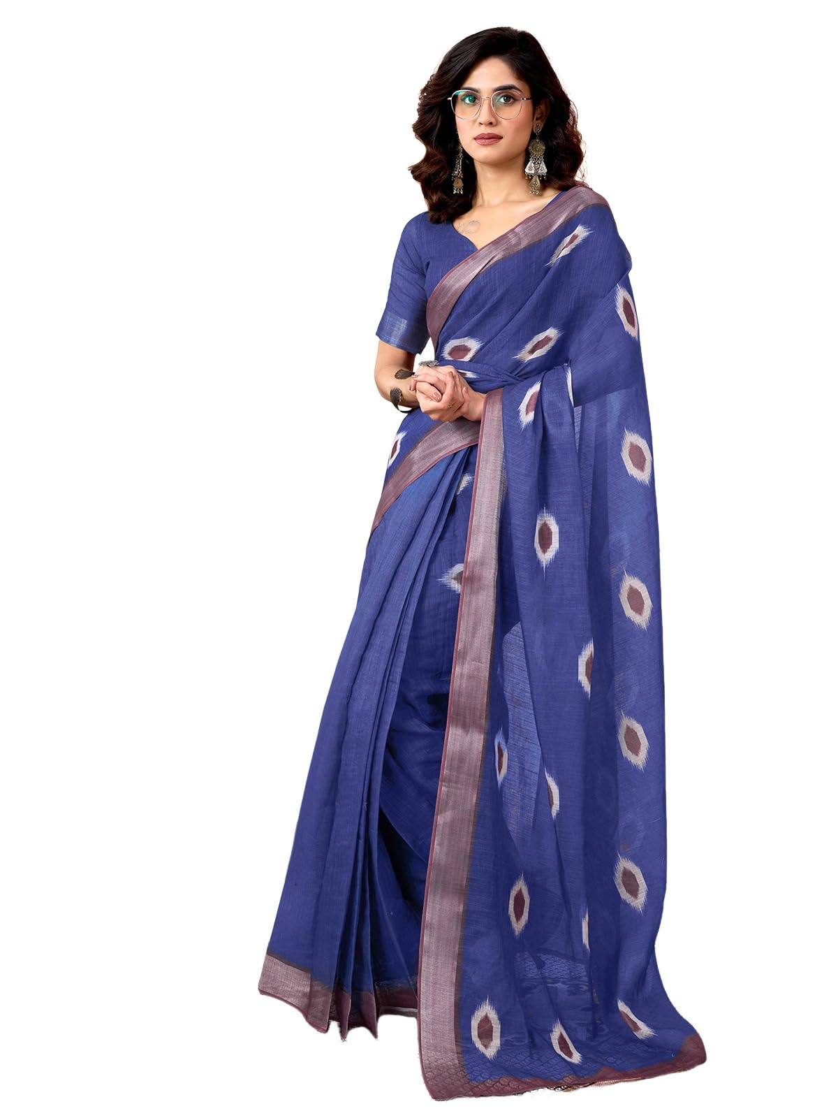 Satrani Womens Linen One Minute Pre Stitched Zari Stripe Border Printed Ready To Wear Saree With Attached pocket & Unstitched B