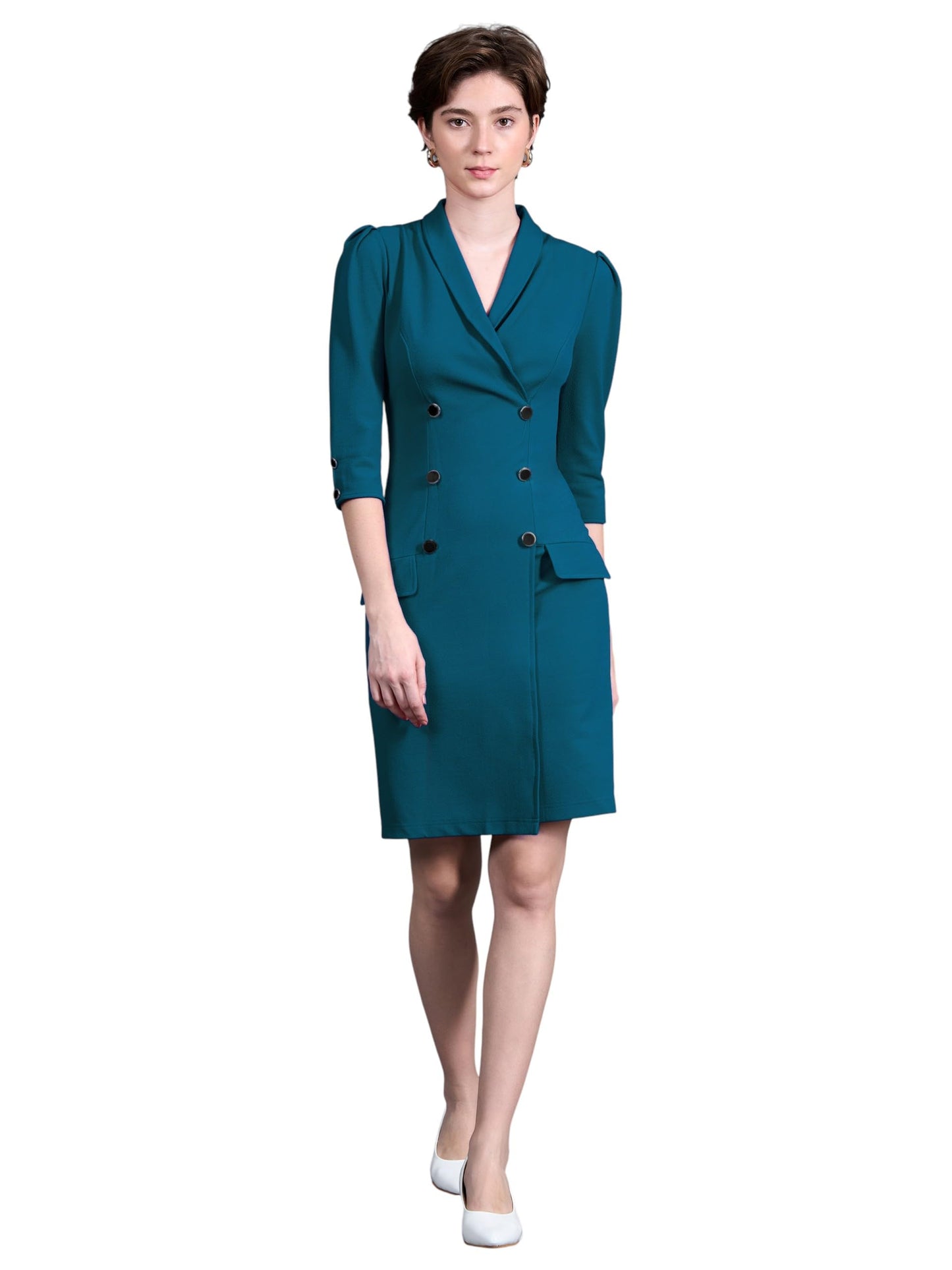 Miss Chase WomenS V-Neck 3/4 Sleeve Double Breasted Blazer Knee-Long Polyester Dress (Mcaw25D84-71-667-04, Ocean Teal, M)