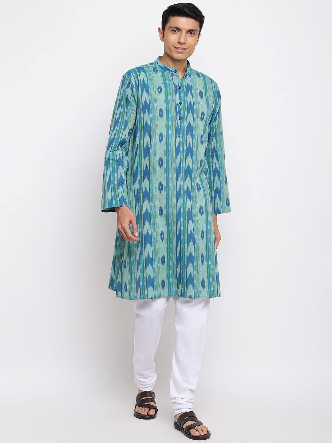 Fabindia Men Cotton Ikat Long Kurta Teal_XS
