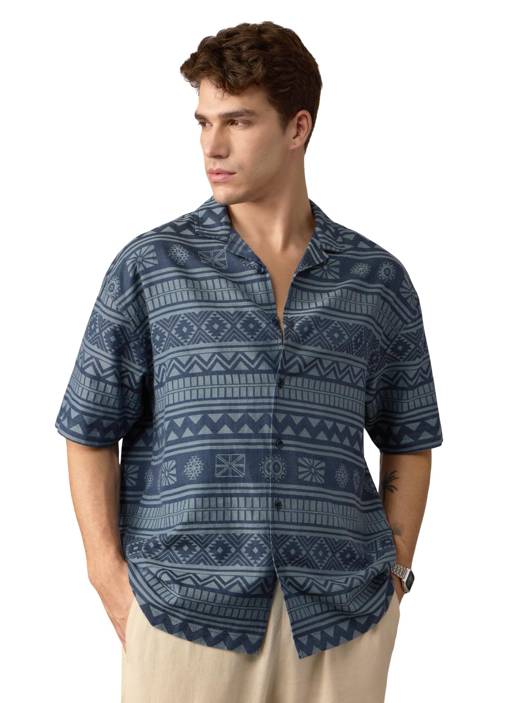 The Souled Store Jacquard: Cerulean Men and Boys Short Sleeve Collared Neck Button Front Blue All Over Printed Cotton Oversized