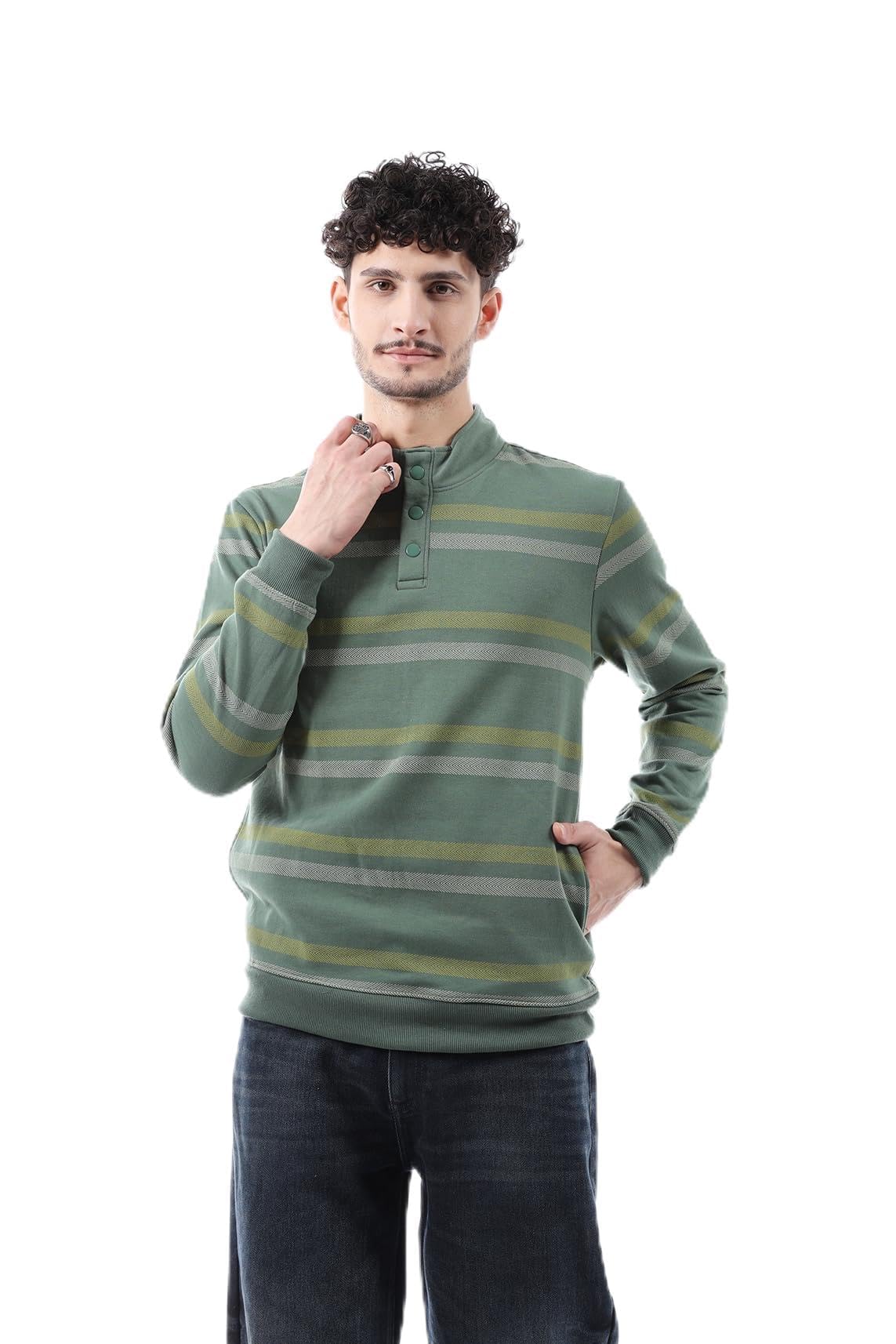 The Indian Garage Co Green Regular Fit Striped Long Sleeve Zipper Sweatshirt