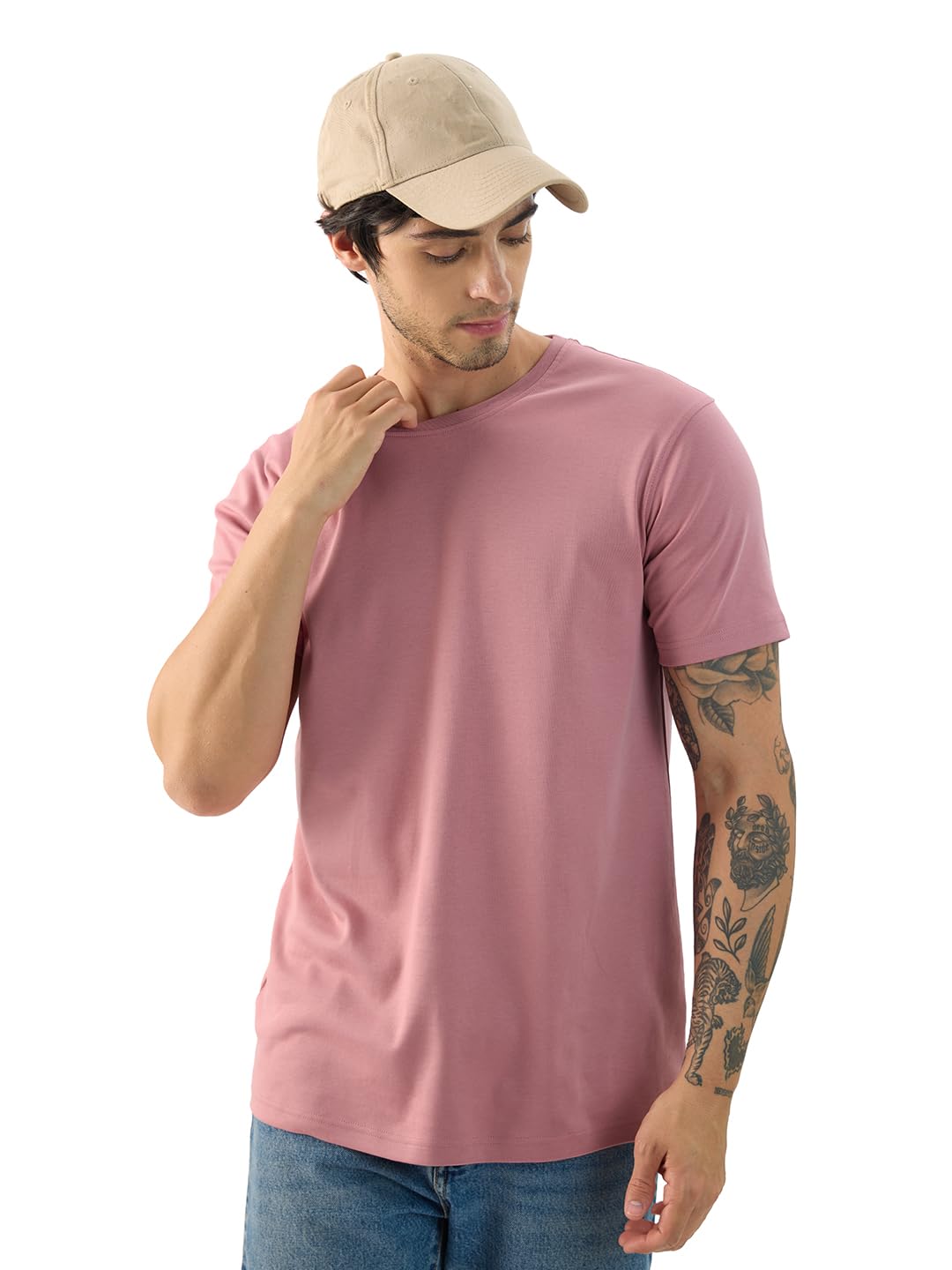 The Souled Store Soft Pink Men and Boys Short Sleeve Round Neck Cotton Regular Fit Supima T-Shirts