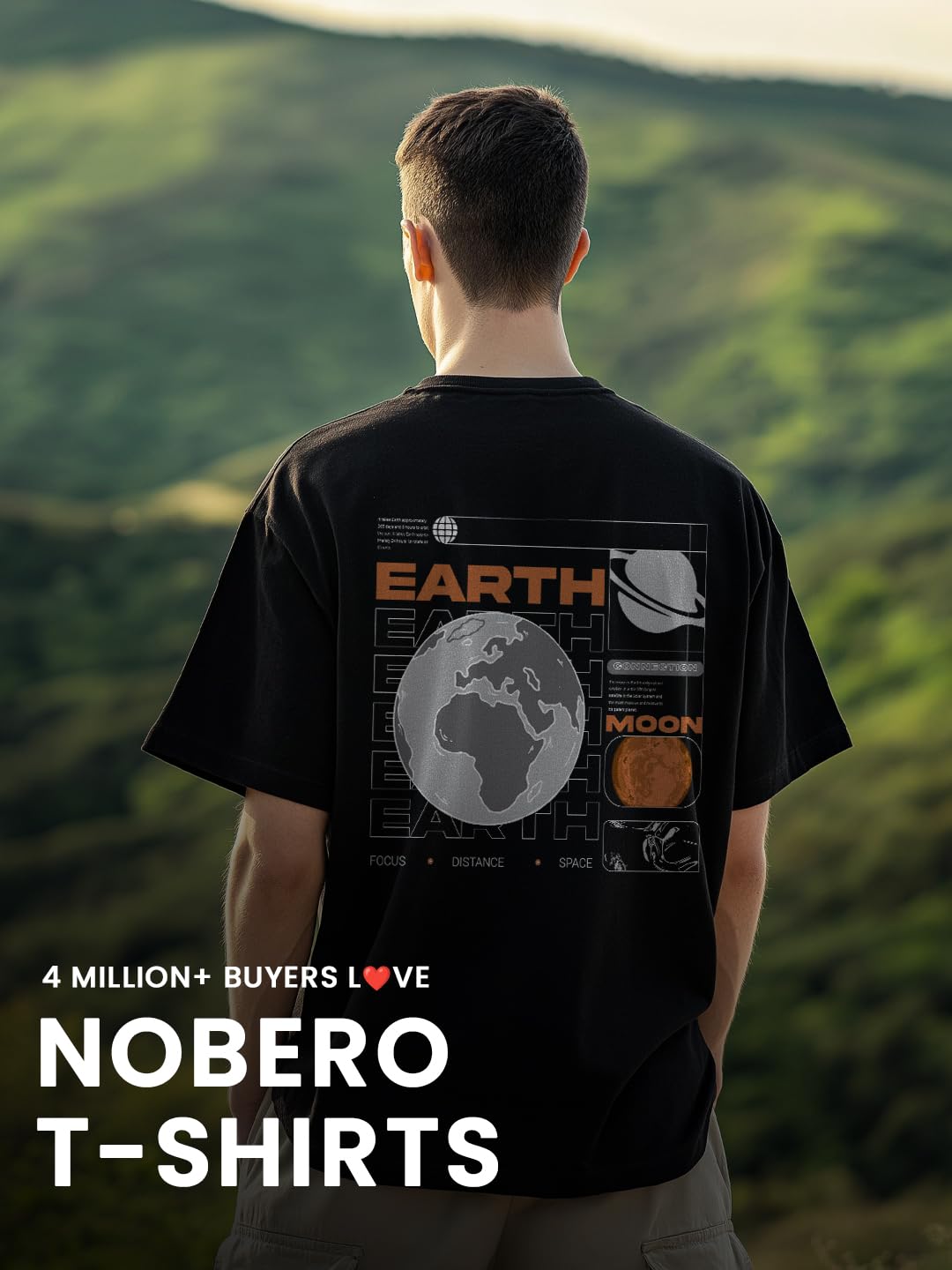 Nobero MenS Graphic Print Oversized Fit T-Shirt (1M-Twrt-C1018-Bl_Earth And Moon Connection-Black